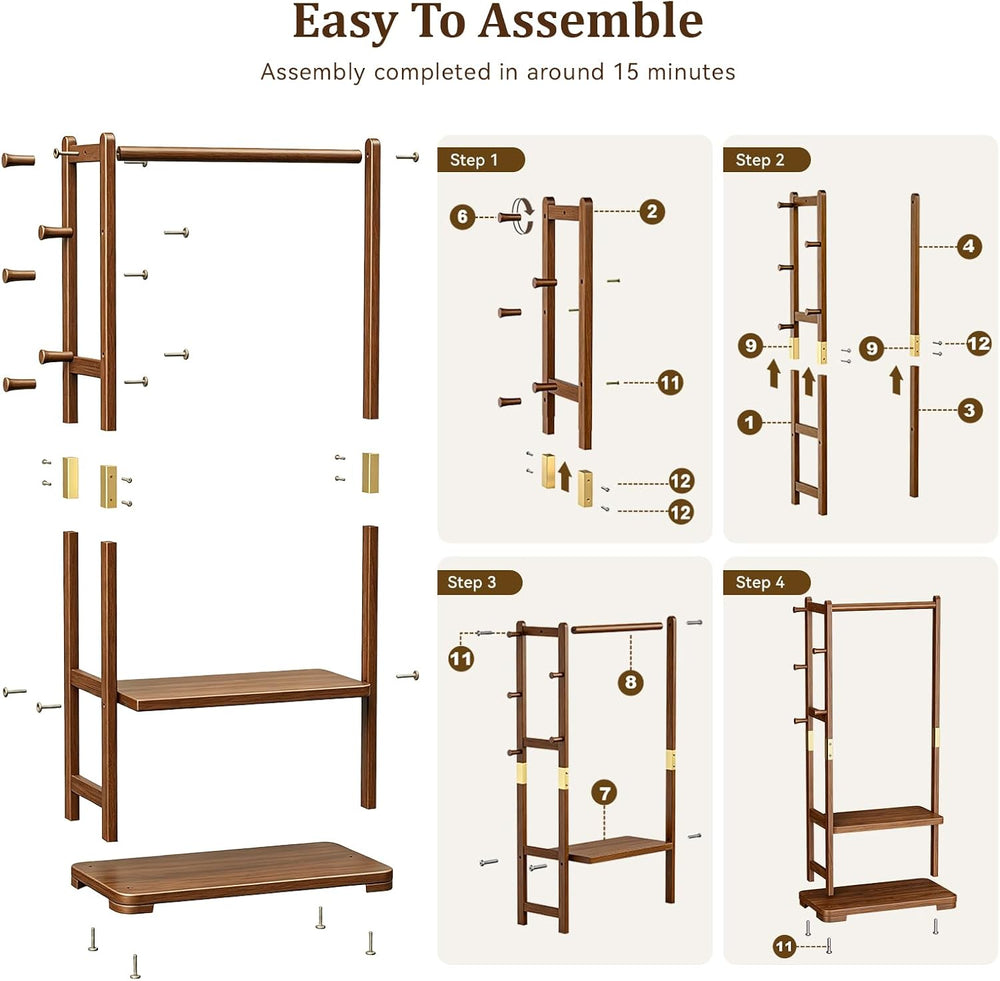 Taitiy Coat Rack Solid Wood Clothes Rack Storage, 2 Shelves 5 Hooks