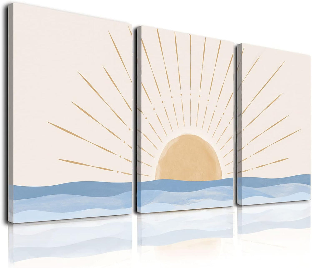 Boho Wall Art Set of 3, Neutral Geometric Sun Rising on the Sea Minimalist Ar...