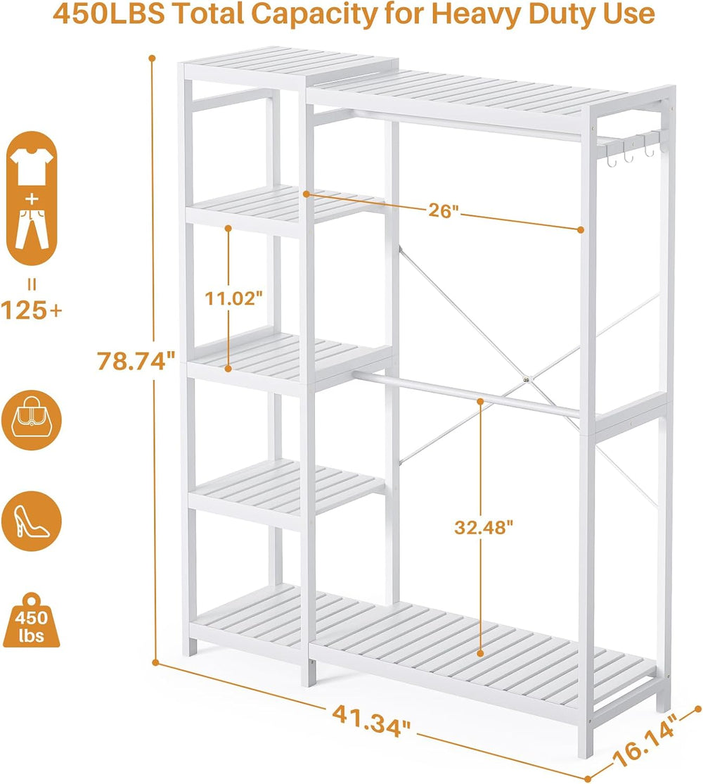 Homykic Bamboo Clothing Rack with 7 Adjustable Shelves, 2 Hang Rods, White