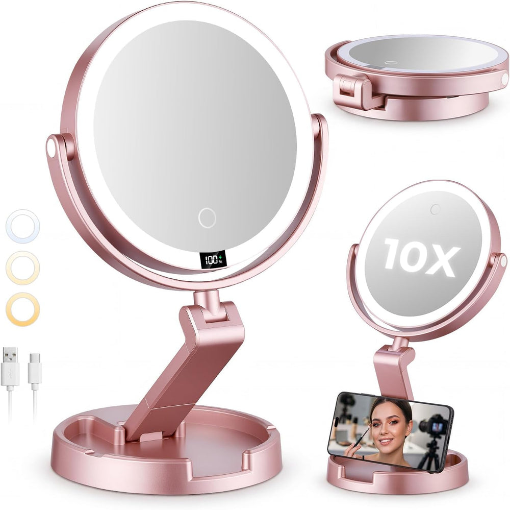 Lighted Travel Makeup Mirror,1X/10X Magnification,3 Light Modes, Rose Gold