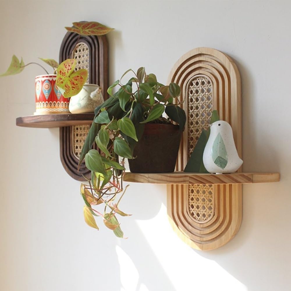 Arch Rattan Floating Shelf, Mid-Century Wood Wall Mounted, Bohemian Hanging S...