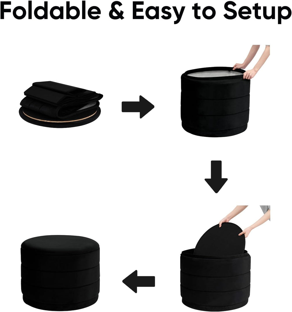 Round Storage Ottoman, 22.8 Velvet Footstool, Black