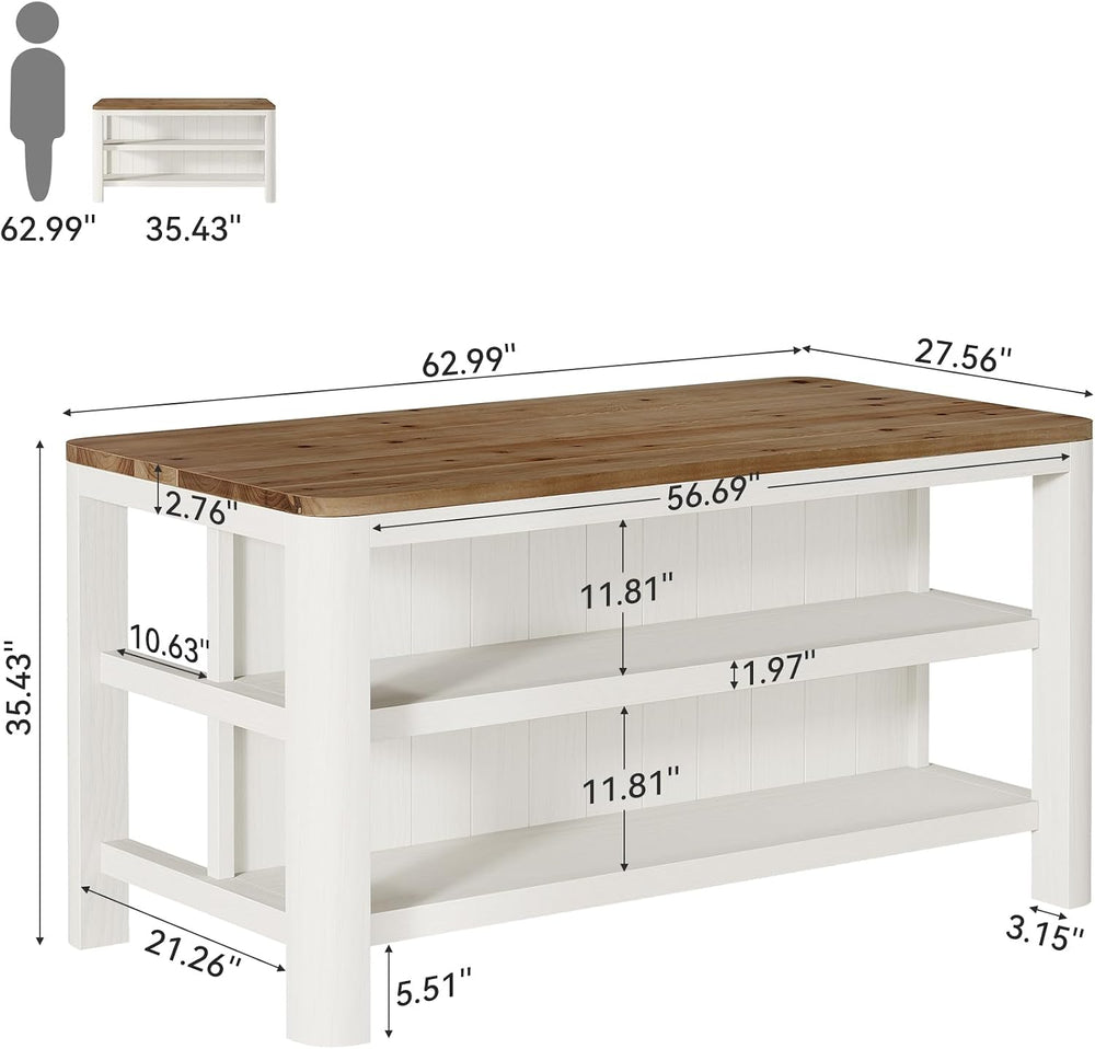 63" Solid Wood Kitchen Island with Storage Shelves, White & Brown