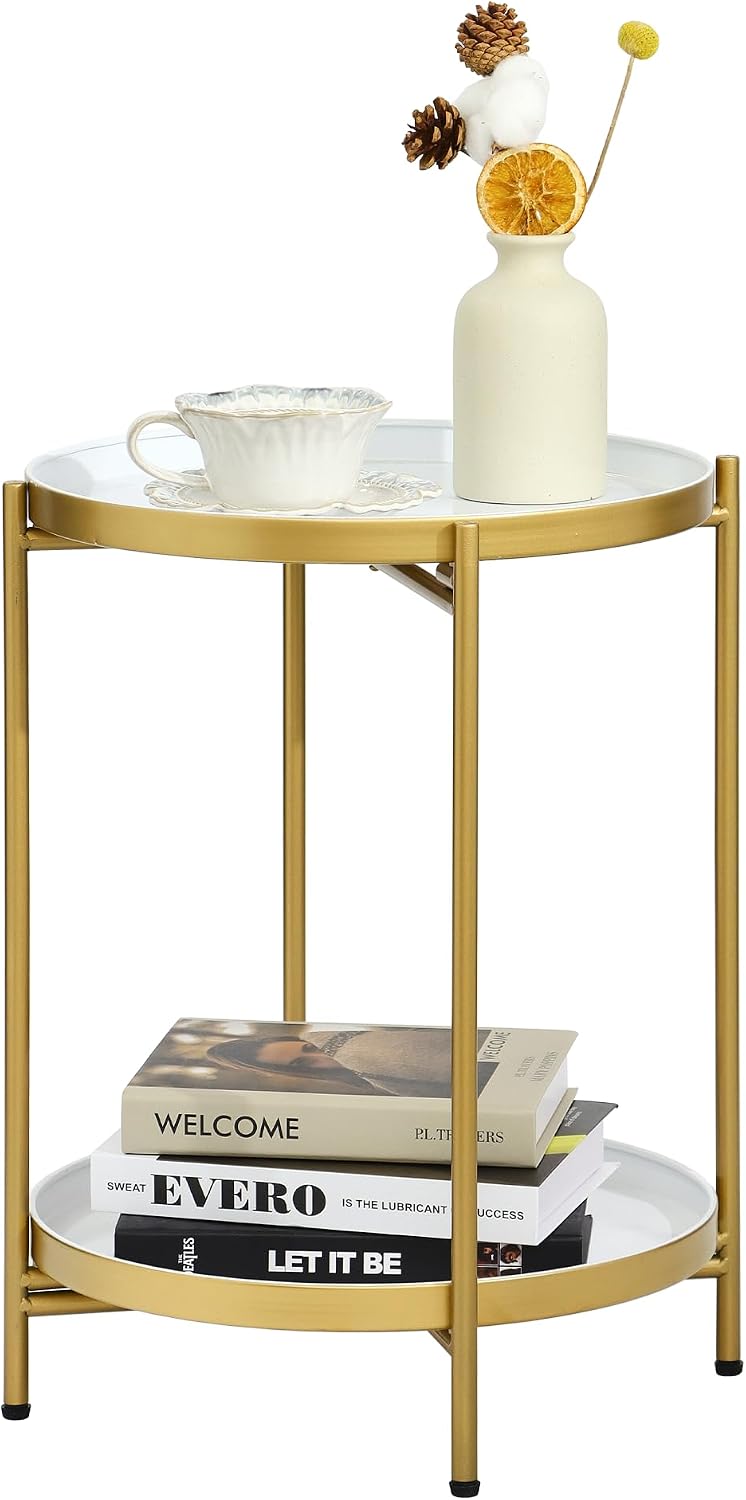 2-Tier Round End Side Table, Small Metal Side Table with Removable Tray, Fold...
