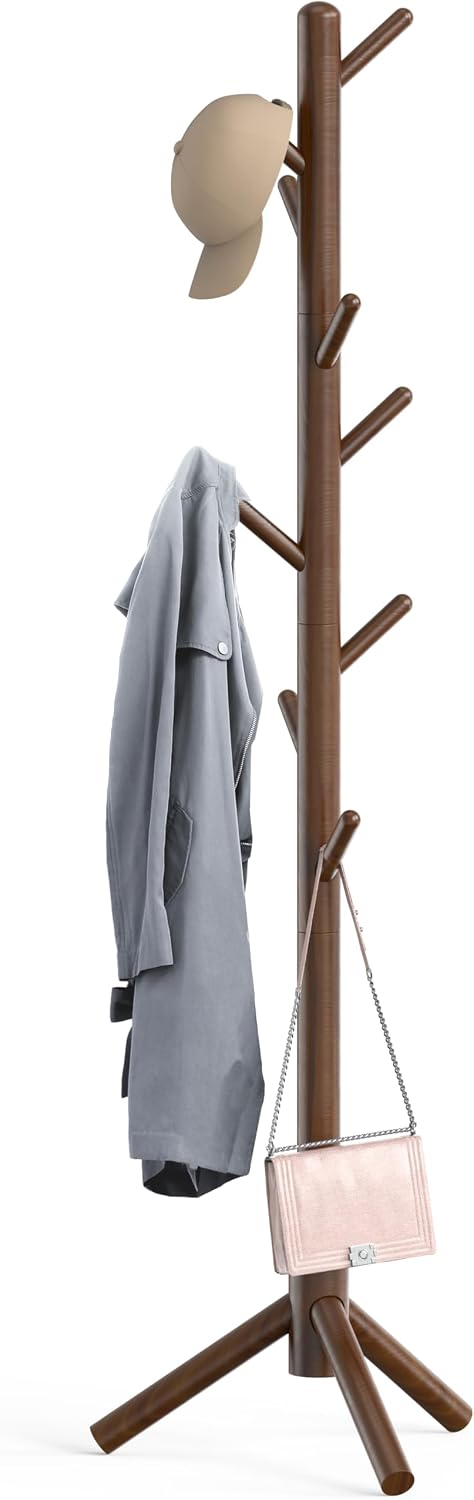 Simple Houseware Wooden Coat Rack Stand, Hall Tree with 9 Hooks, Walnut