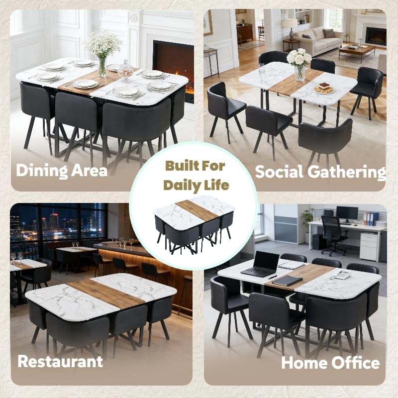 7-Piece Dining Table Set for 6,Modern Dining Table Set for 6 with Cushioned Chairs,59" White Kitchen Table Set for Home, Apartment,Office,Conference Room,Small Spaces, Space-Saving