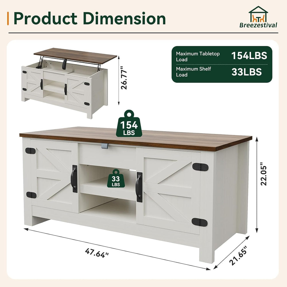 48" Lift Top Farmhouse Coffee Table with Hidden Storage, White