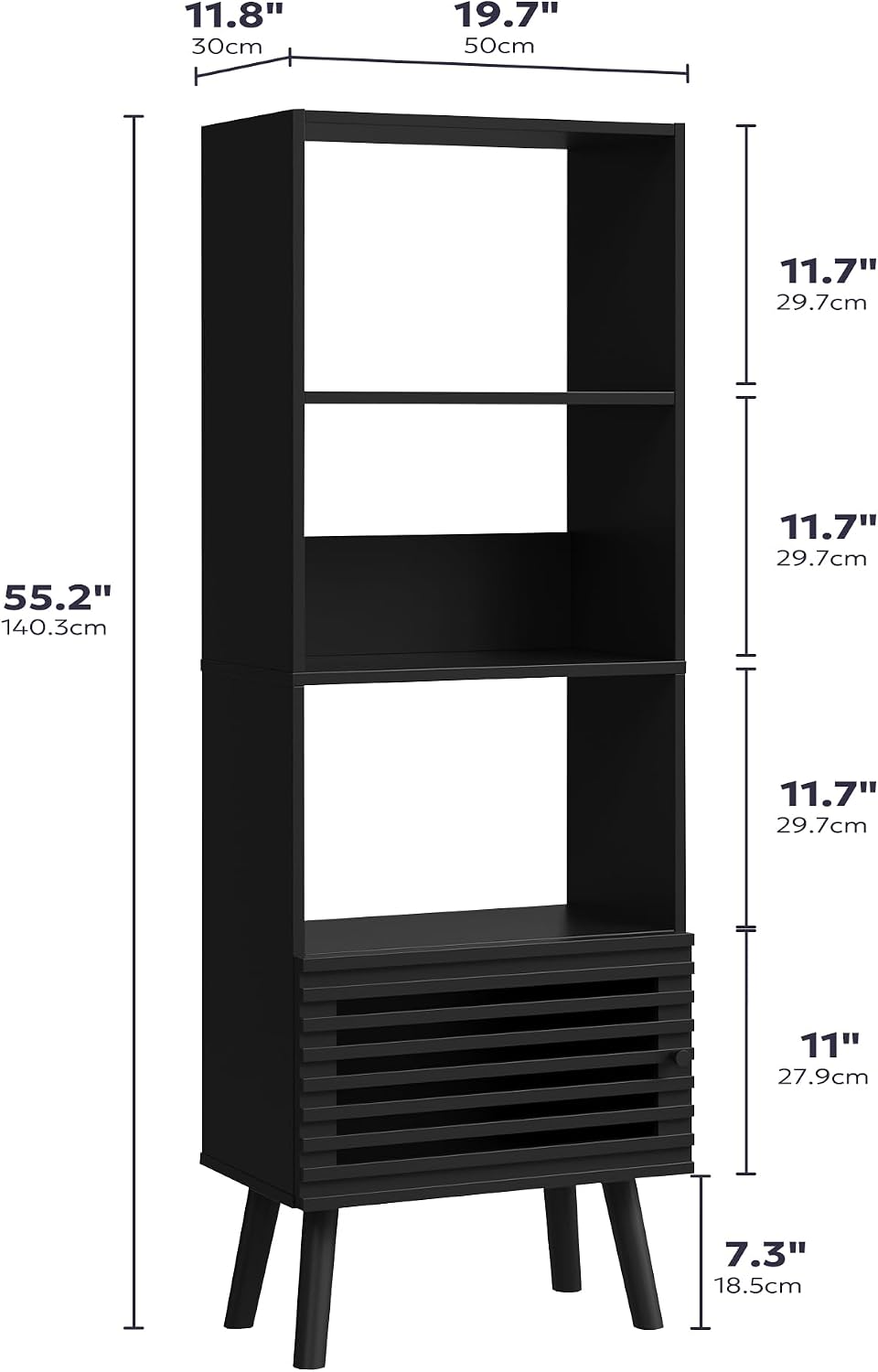 Furnify 4-Tier Narrow Bookcase with Open Shelf and Slatted Door, Black