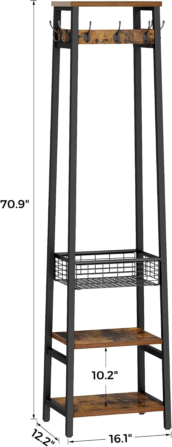 Coat Rack with Metal Basket and Storage Shelves