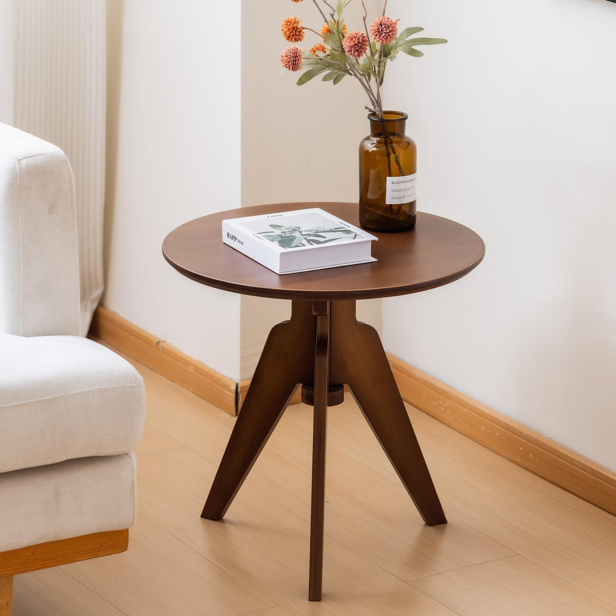 Maydear Bamboo Round Side Table Small Accent Table or Coffee Table for Living Room, Bedroom, or Office, Easy Assembly, 3-Leg Design