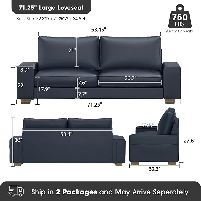 Faux Leather Couch, Mid Century Modern Comfy Loveseat Sofa with Wide Arm, Side Pockets, Solid Wooden Frame for Office, Living Room and Bedroom, 2 Seater (Blue, 71.25 inches)