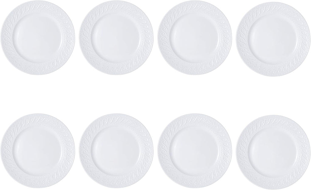 Pfaltzgraff Sylvia Dinnerware Set 32-Piece Service for 8 - White Porcelain Dinner Plates, Salad Plates, Soup Bowls and Mugs with Embossed Scrollwork