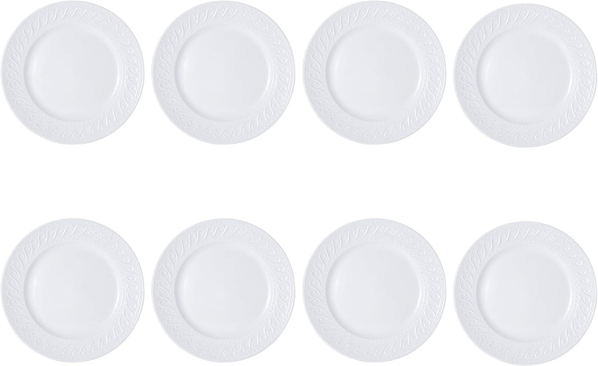 Pfaltzgraff Sylvia Dinnerware Set 32-Piece Service for 8 - White Porcelain Dinner Plates, Salad Plates, Soup Bowls and Mugs with Embossed Scrollwork