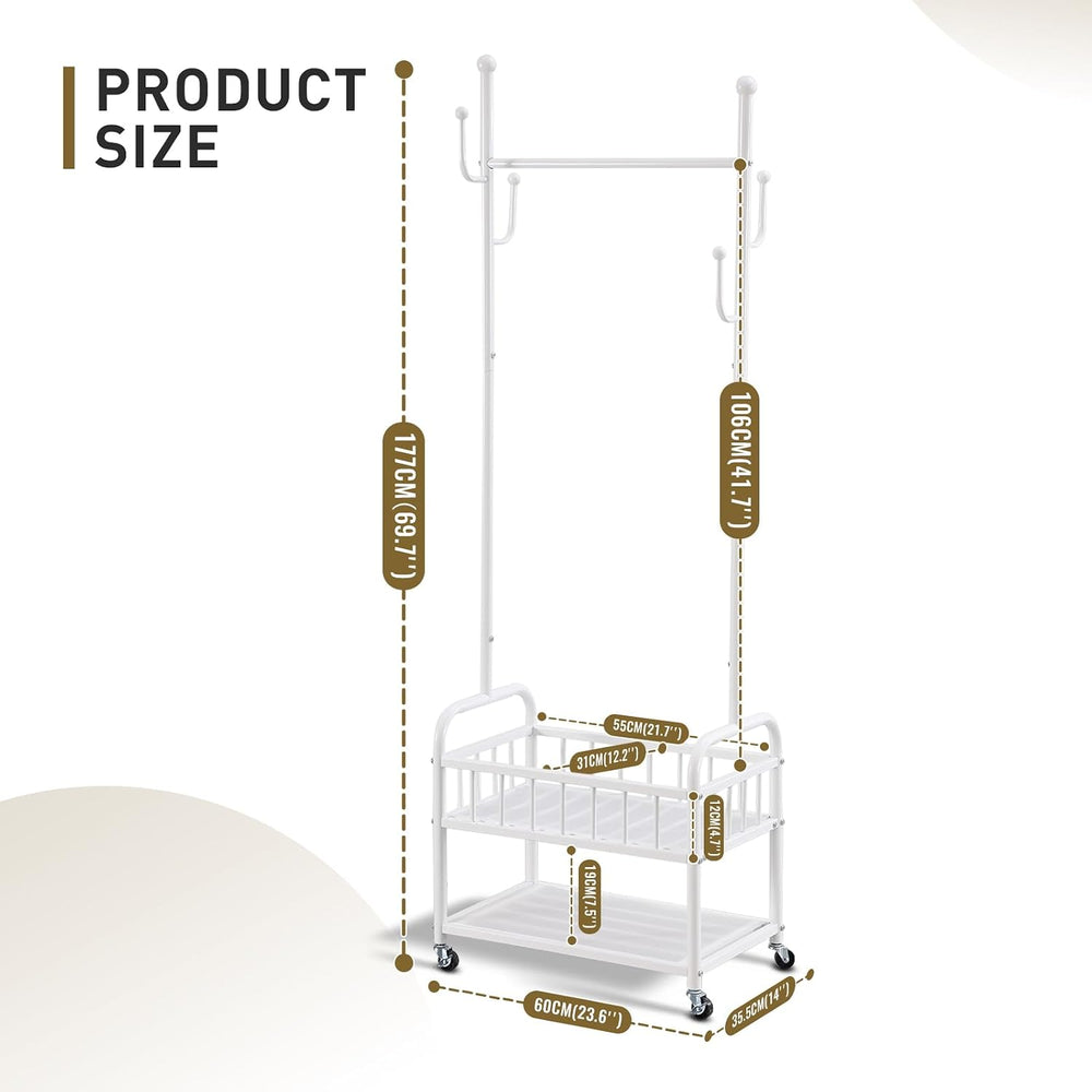 Free Standing Rolling Clothes Rack with Wheels Shoe Storage - White