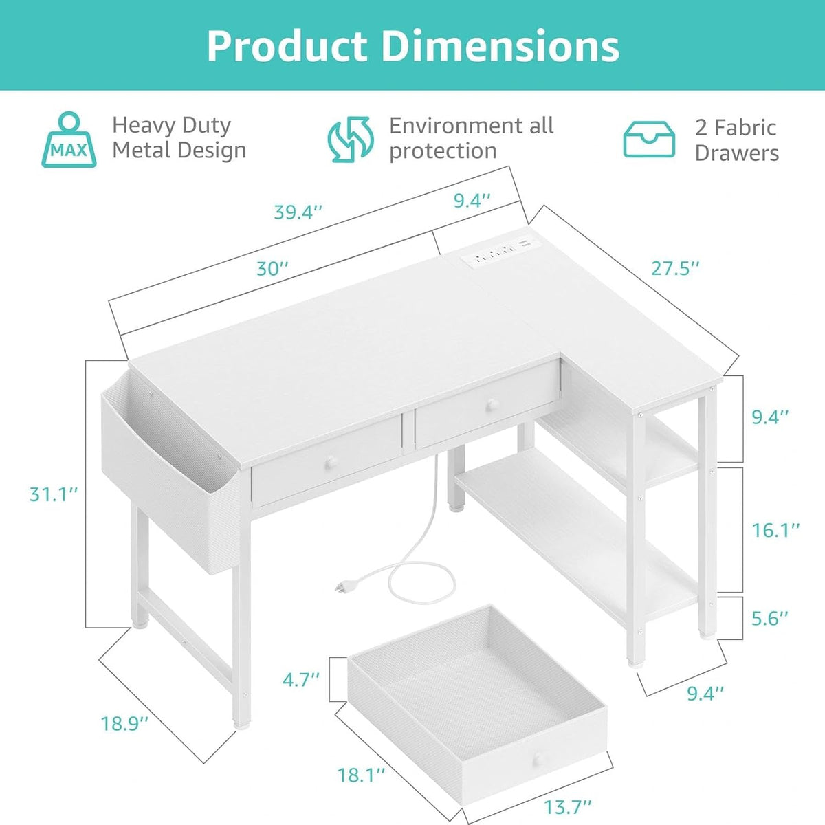 Small White 40 Inch L Shaped Corner Desk with Drawers & Storage Shelves