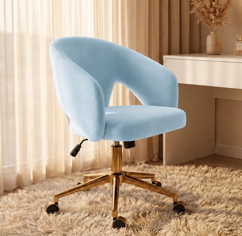 Velvet Vanity Armchair with Wheels, Comfy Upholstered Desk Seat ,Bule