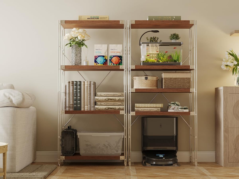 4-Tier Industrial Bookshelf, Wood and Metal Shelf Unit, Storage Bookcase