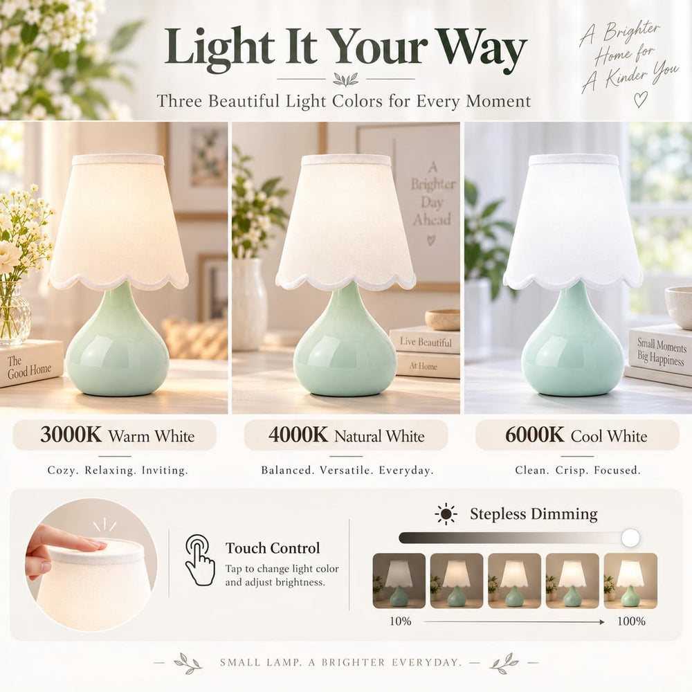 14 Inch Cordless Ceramic Table Lamp with Scalloped Shade, Celadon Green
