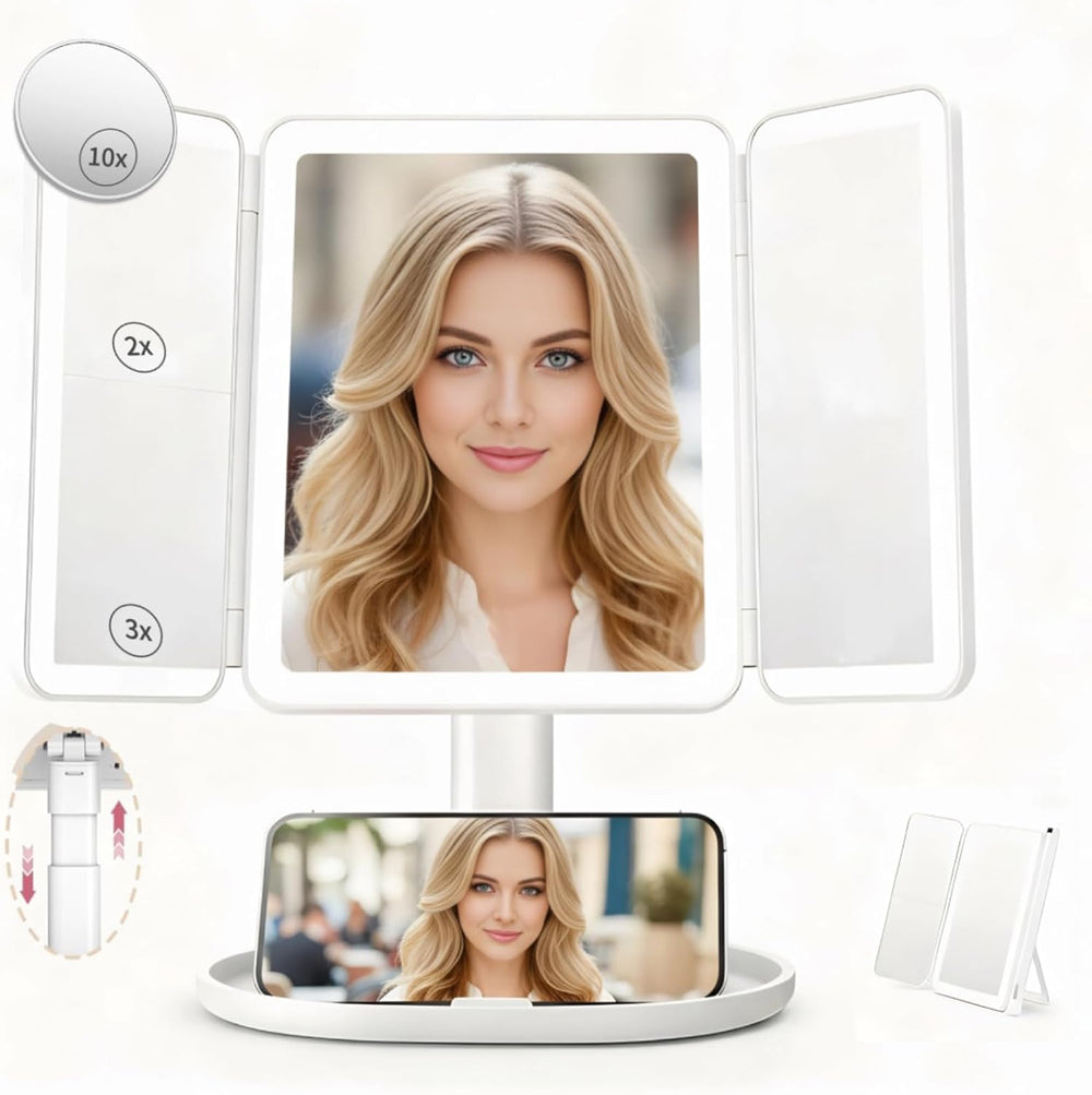 2X/3X/10X Makeup Mirror with Lighting，Trifold Magnifying Vanity Mirror