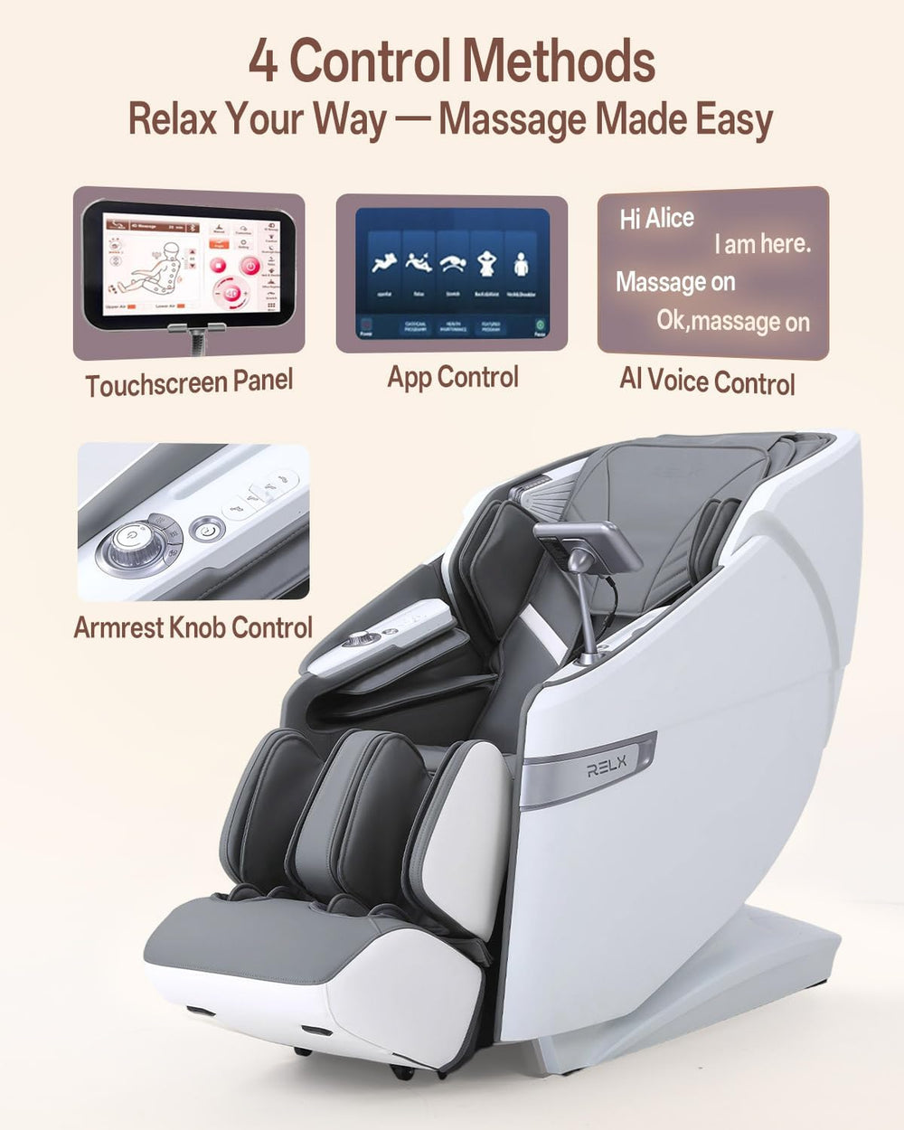 RELX 4D Massage Chair Full Body, Zero Gravity Shiatsu, Body Scan, White