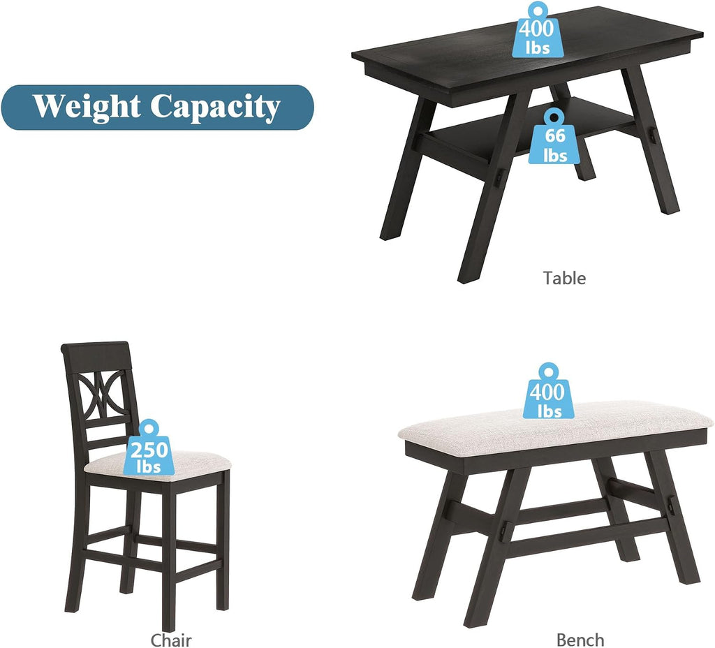Merax 6-Piece Wood Counter Height Dining Table Set with Storage Shelf, Rustic Dining Table Set with Upholstered Chairs and Bench for 4-6, Espresso+Beige