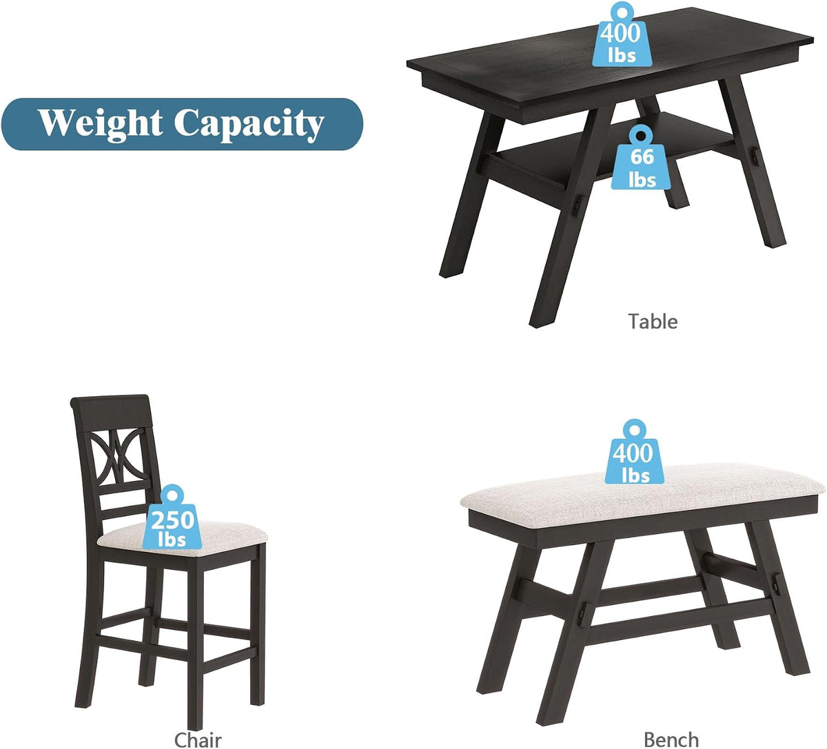 Merax 6-Piece Wood Counter Height Dining Table Set with Storage Shelf, Rustic Dining Table Set with Upholstered Chairs and Bench for 4-6, Espresso+Beige