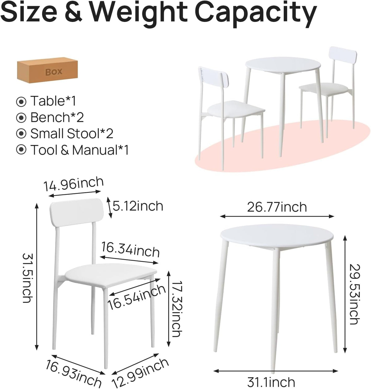 round dining table set for 2, wood tabletop, package contents