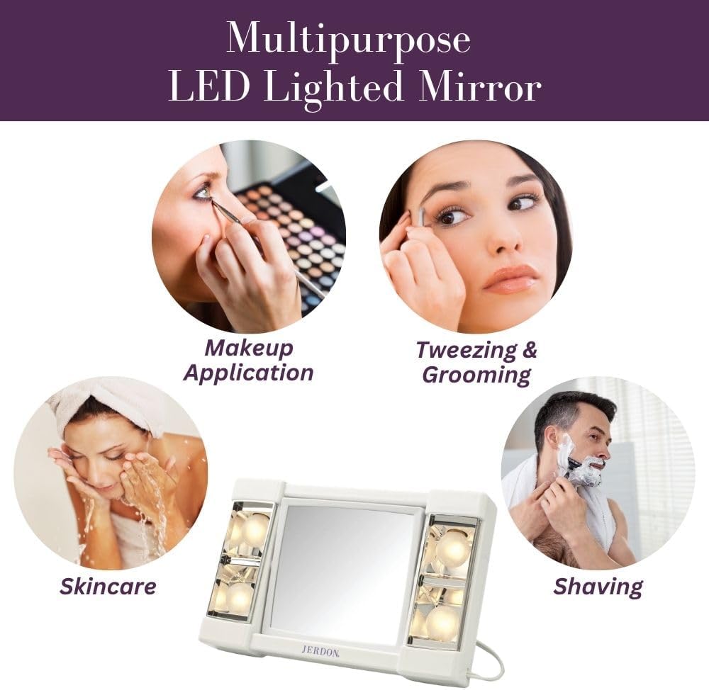 JERDON Lighted Makeup Mirror with 3X Magnification - White - J1010