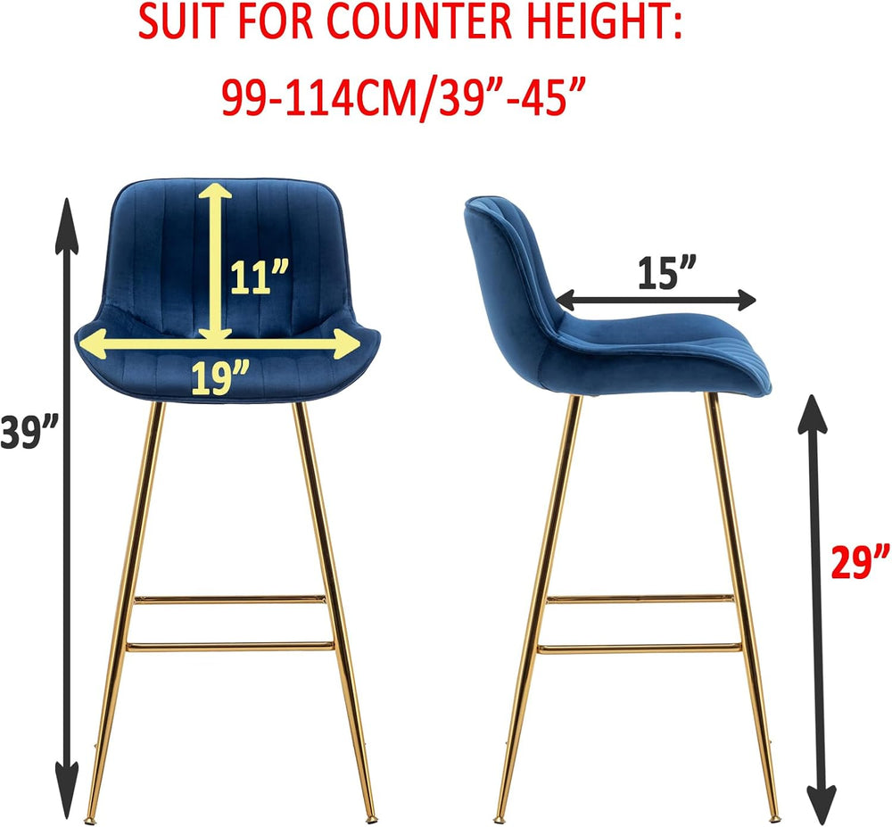 Sidanli Velvet Blue Bar Stools, 29 Inch Upholstered Island Stools with Footre...