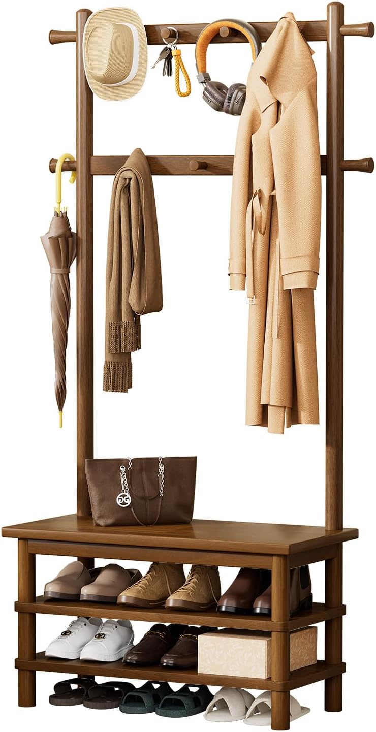 Solid Wood Hall Tree with Bench, Shoe Rack & 11 Hooks 27.2''