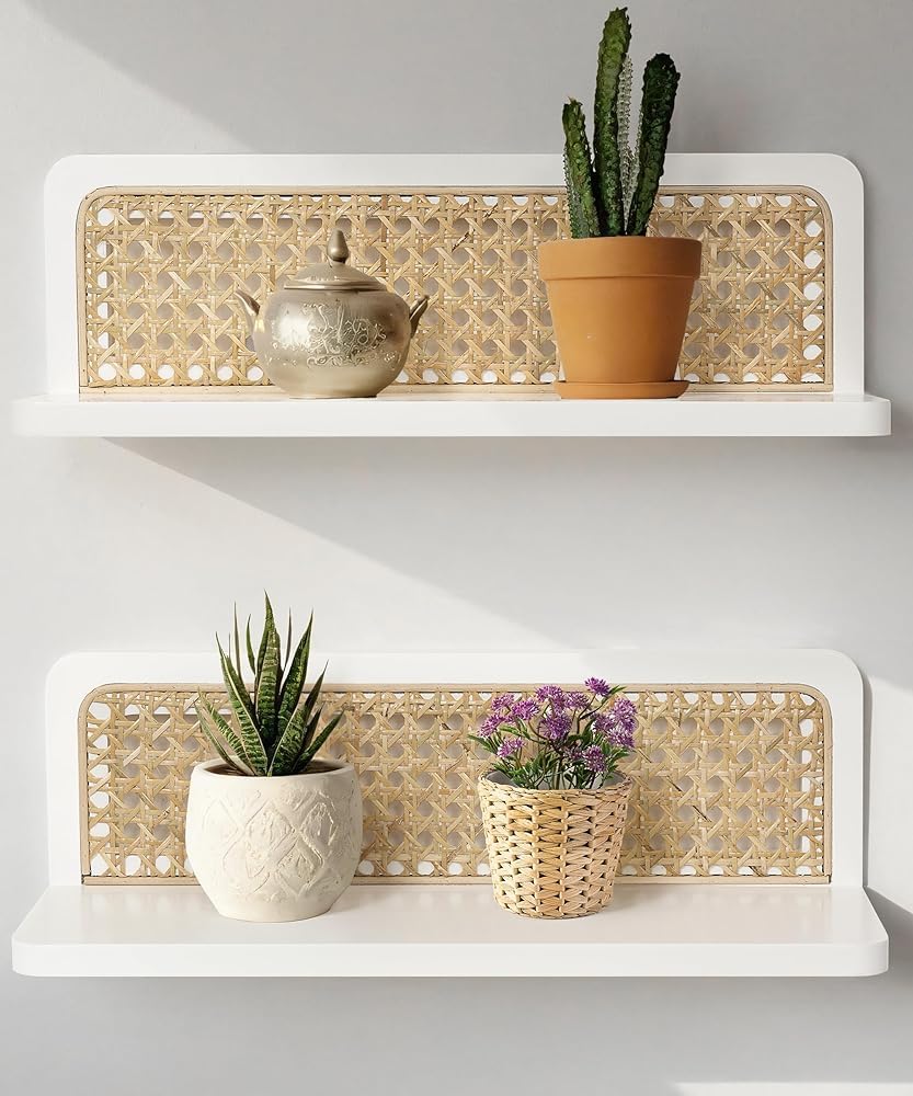 White Rattan Wall Shelf, Boho Floating Shelves, 16 Inch