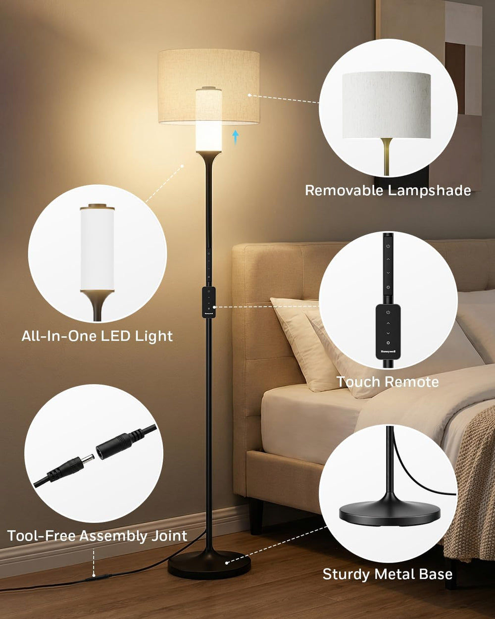 Honeywell F3 LED Floor Lamp, Dimmable Standing Lamp with Remote Control