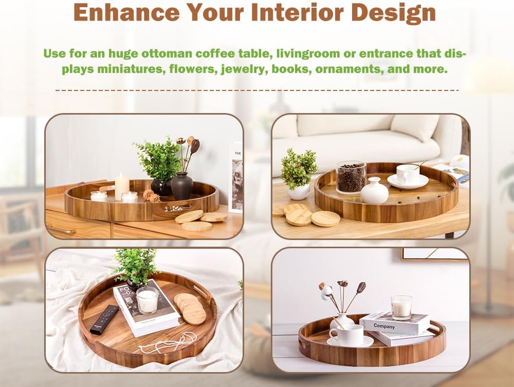 Extra Large Round Ottoman Coffee Table Tray, 22" Big Kitchen Serving Tra...