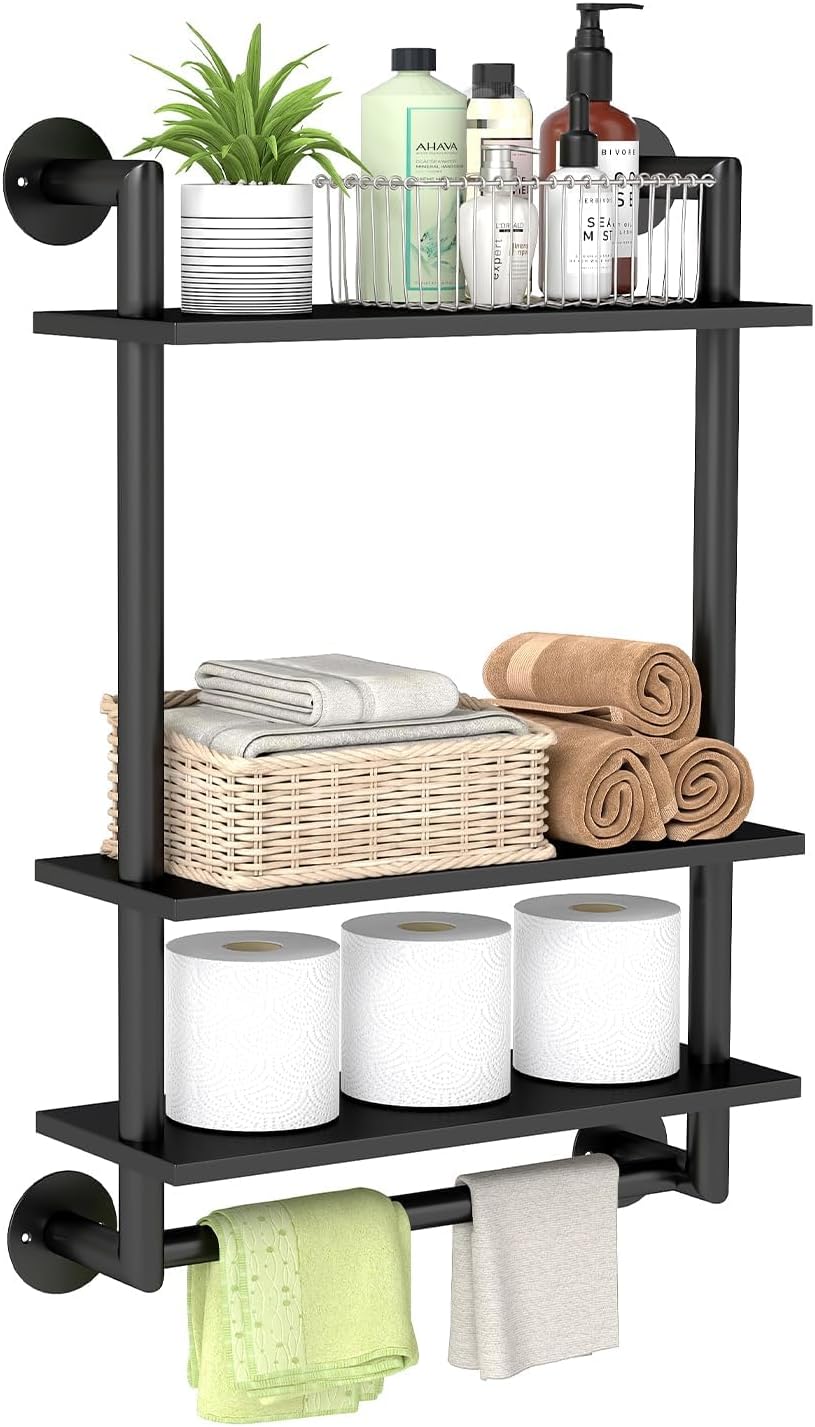 STWWO Bathroom Shelves Wall Mounted, 3 Tier Black Bathroom Shelf with Bar
