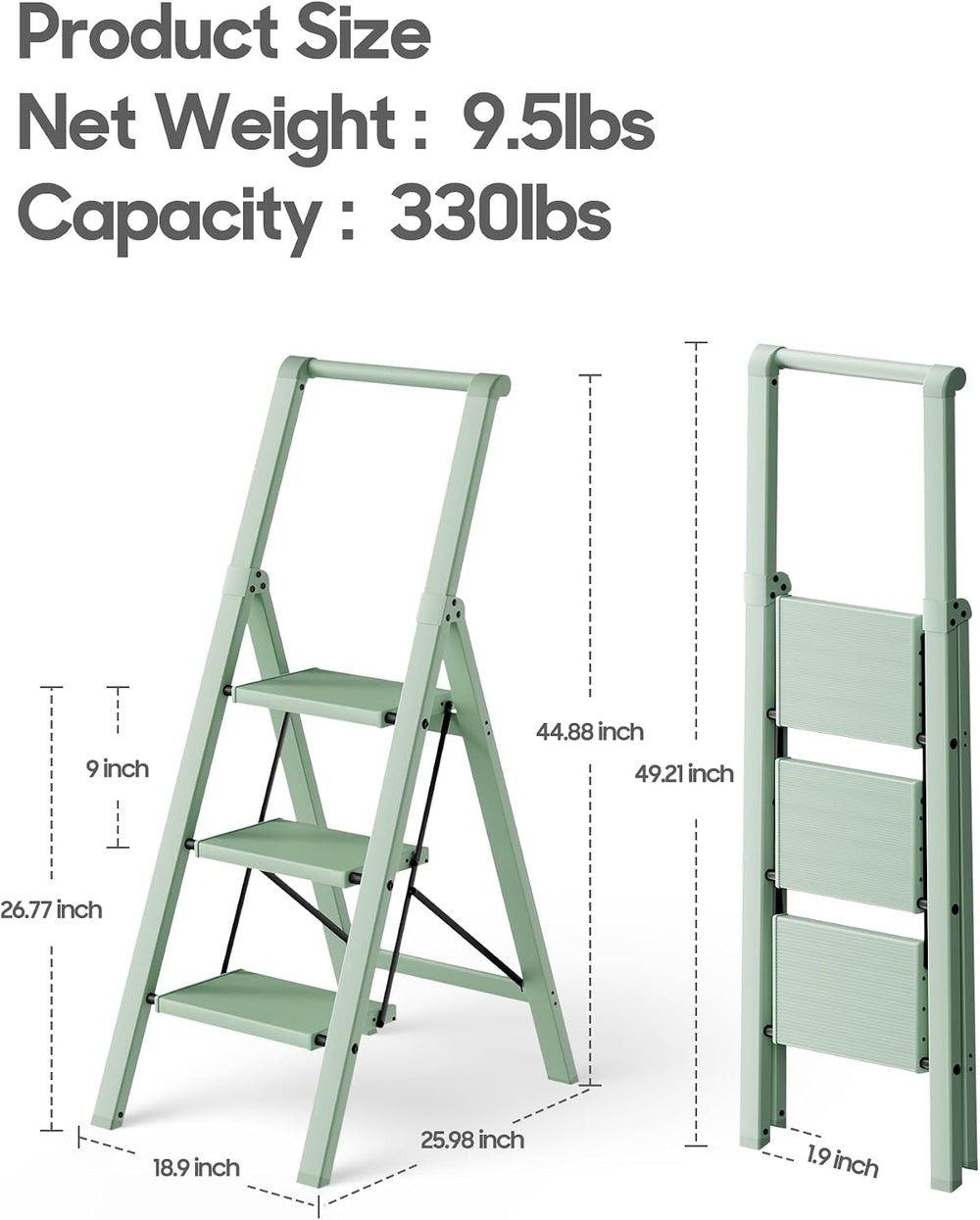 HillhutApex Aluminum 3 Step Ladder, Step Stool Foldable Ladder(Pale Green)