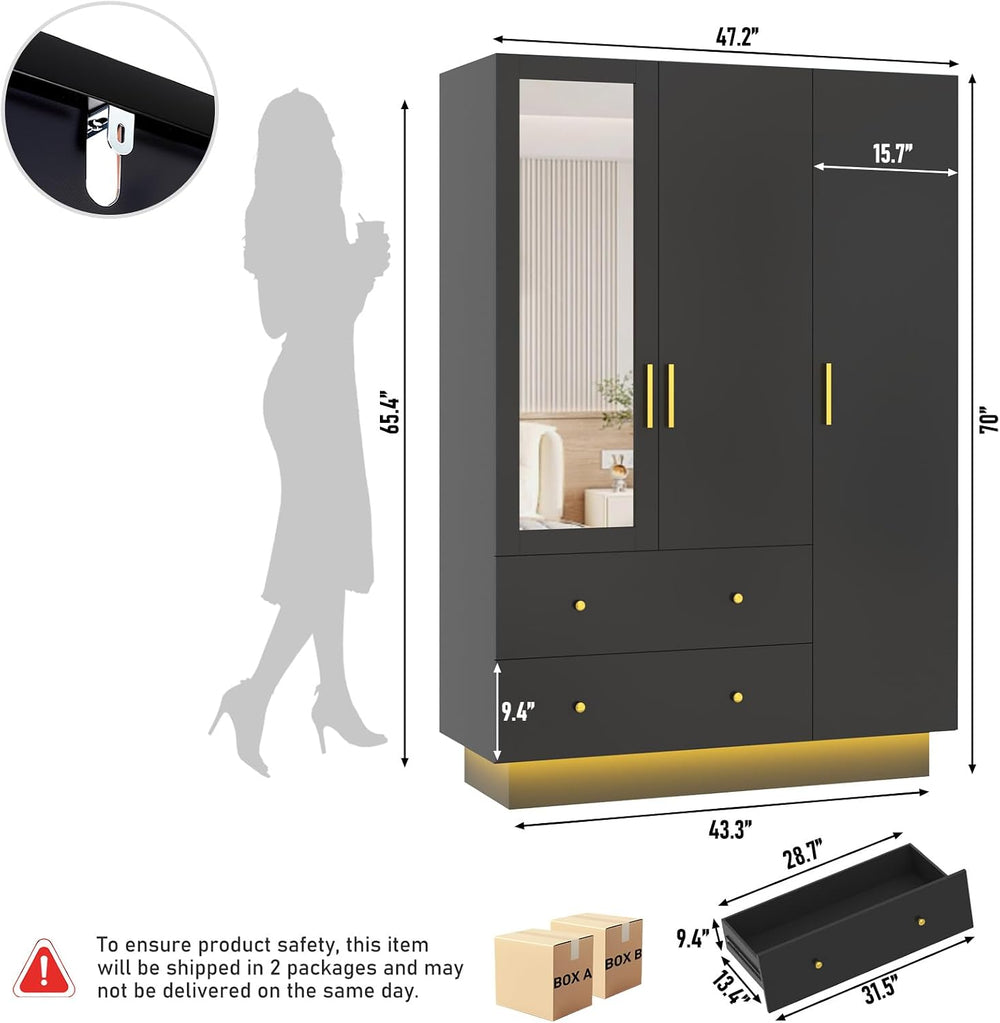 jiteentarou 3 Door Wardrobe Closet with Mirror and LED Lights, Bedroom Armoir...