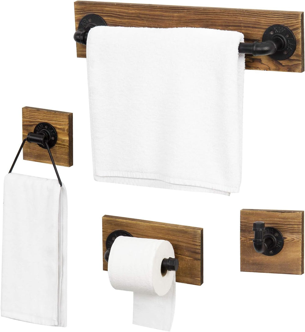 MyGift 4 Pc Bathroom Hardware Set with Burnt Wood & Matte Black Metal Pipe