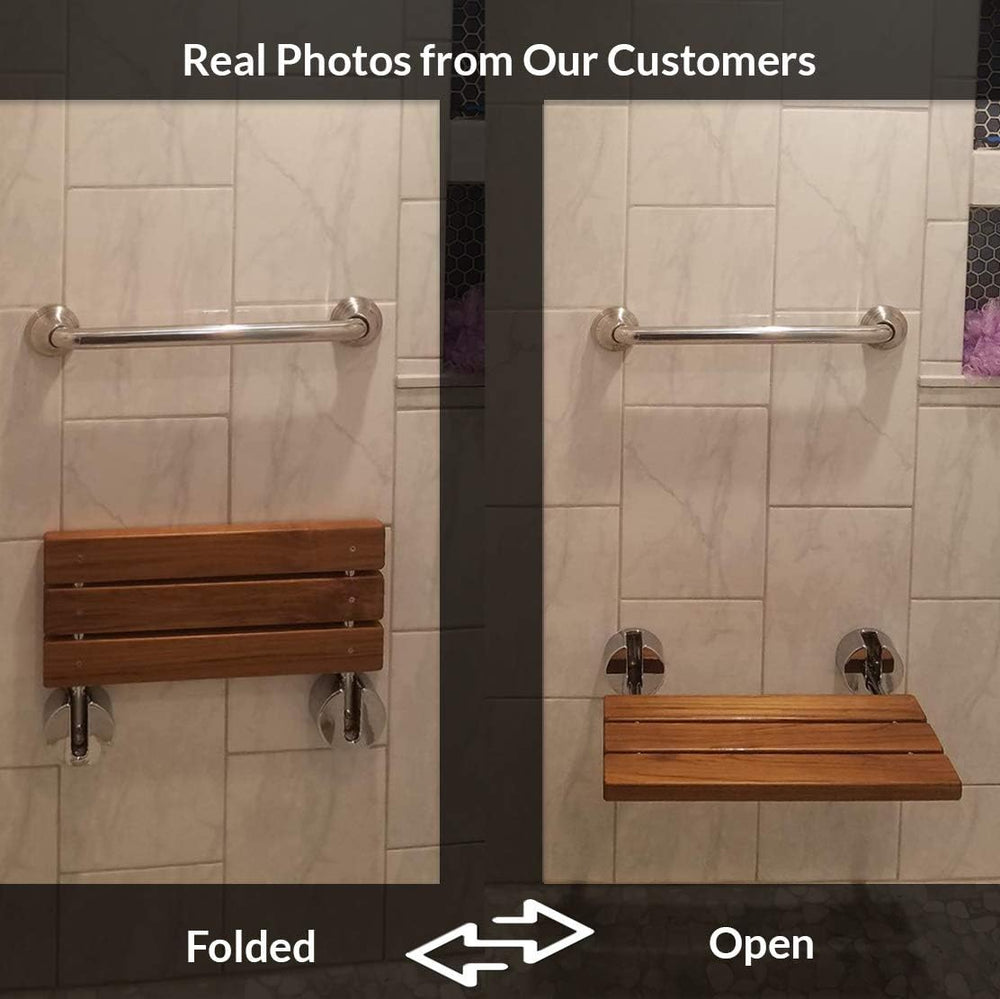 HomeAesthetics 20" Teak Wood Folding Wall Mounted Shower Seat Bench, Med...