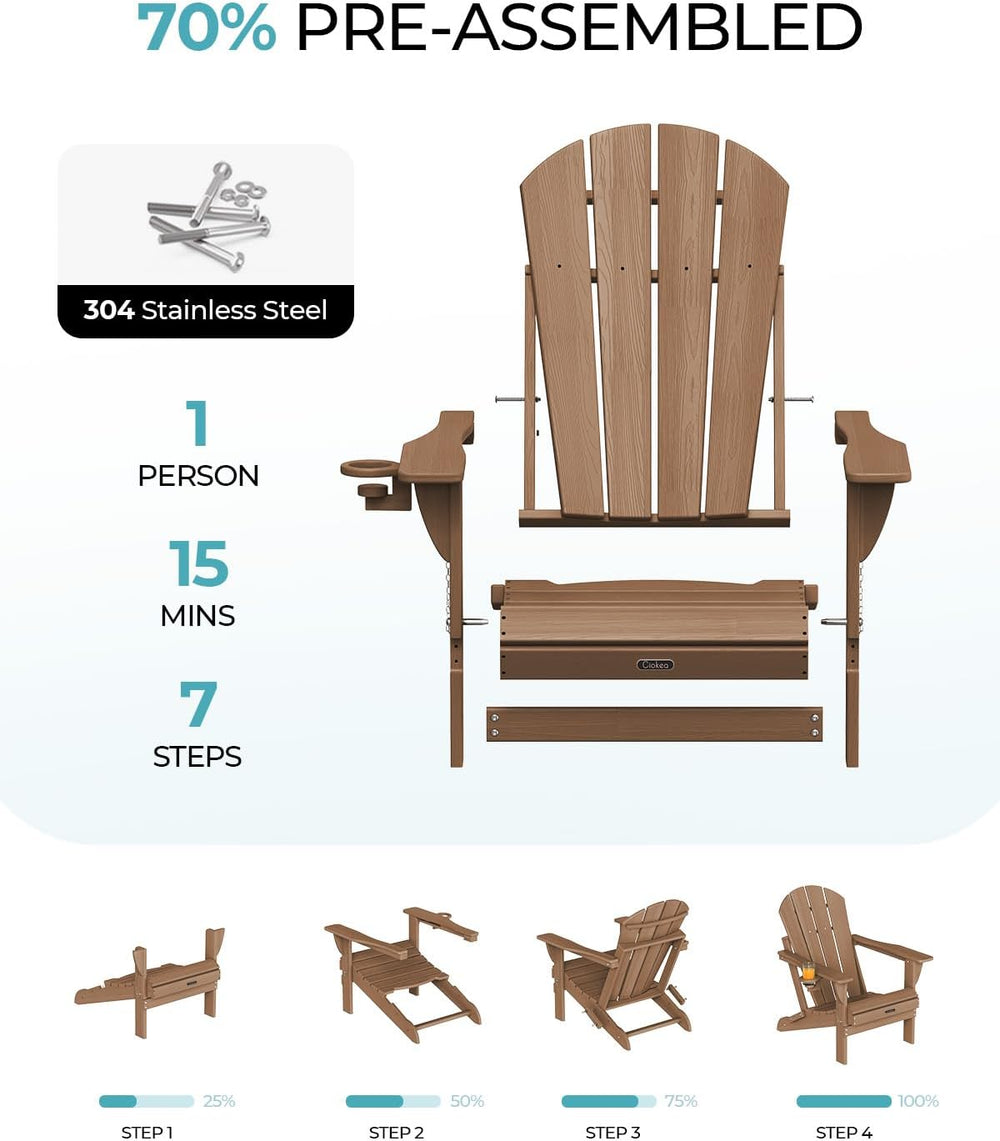 Ciokea Folding Adirondack Chairs Set of 2 with Cup Holder, HDPE, Teak