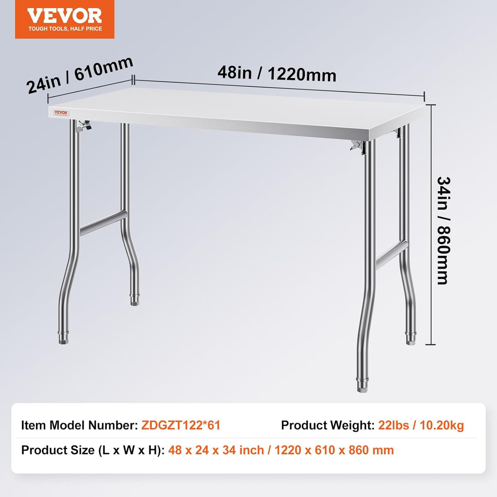VEVOR Stainless Steel Foldable Work Table, 24 * 48 Inch Heavy Duty Food Outdoor Stainless Steel Worktable for Commercial Kitchen Restaurant