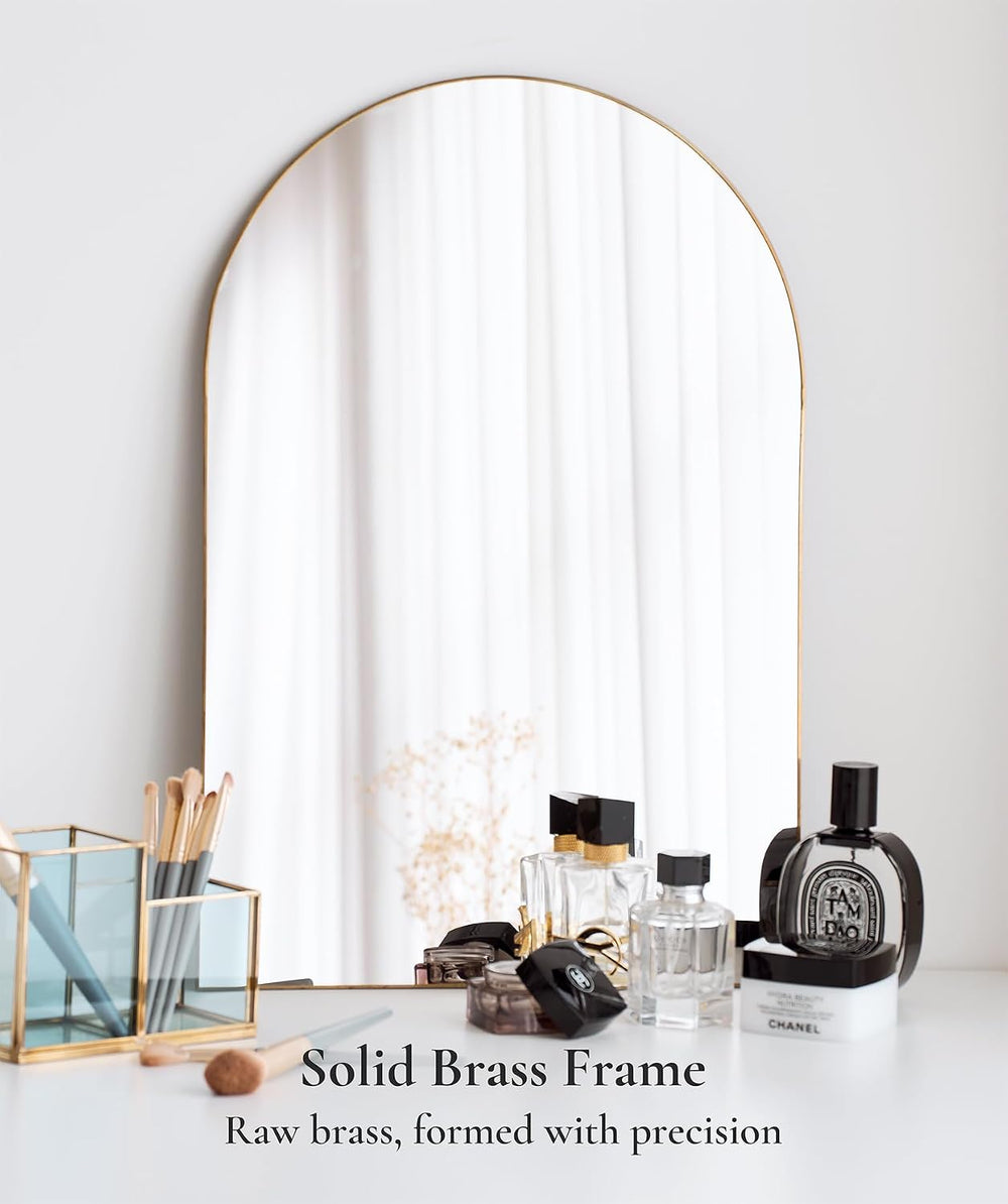Gold Arched Wall Mirror 13”x19” – Small Vintage Hanging Mirror with Chain