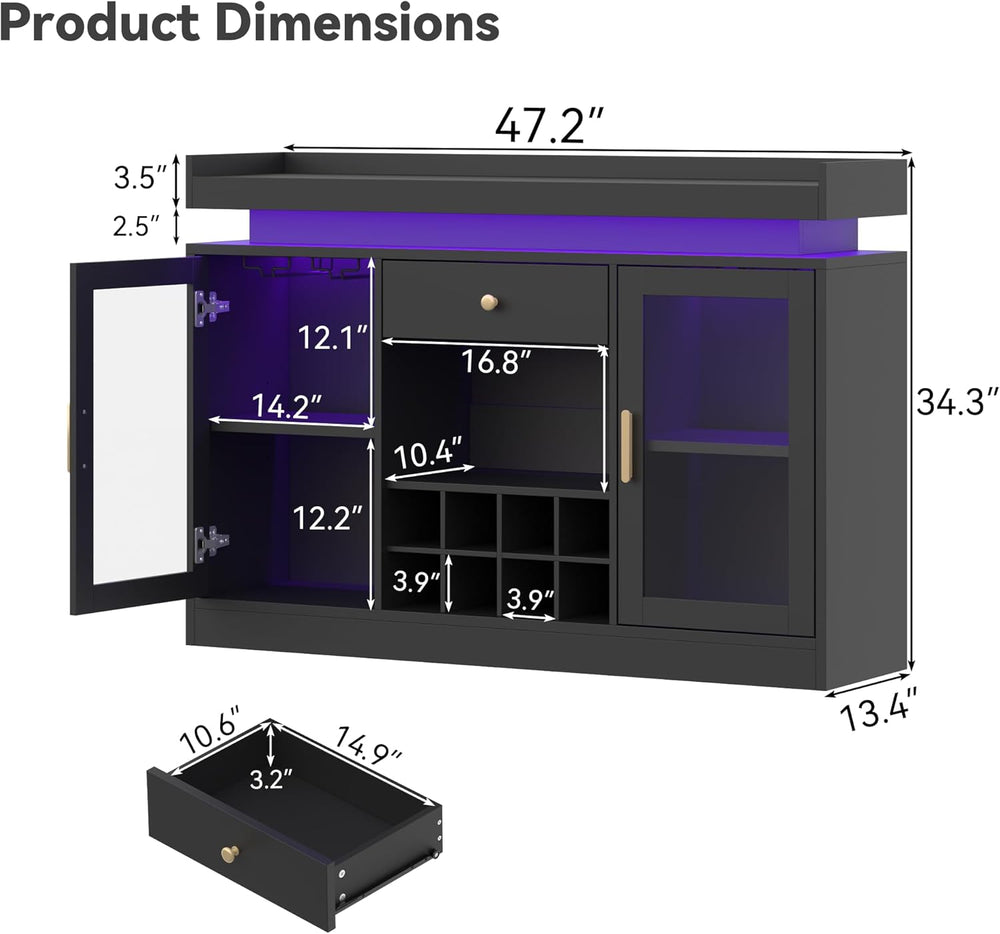 Wine Bar Cabinet with Led, Black Liquor Cabinet with Wine & Glass Rack