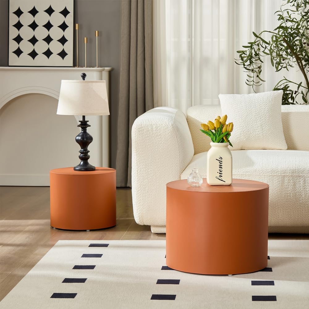 Nested Table Set 2 Pieces, MDF Coffee Table Set Living Room/Lounge Area (Orange + MDF + Round)