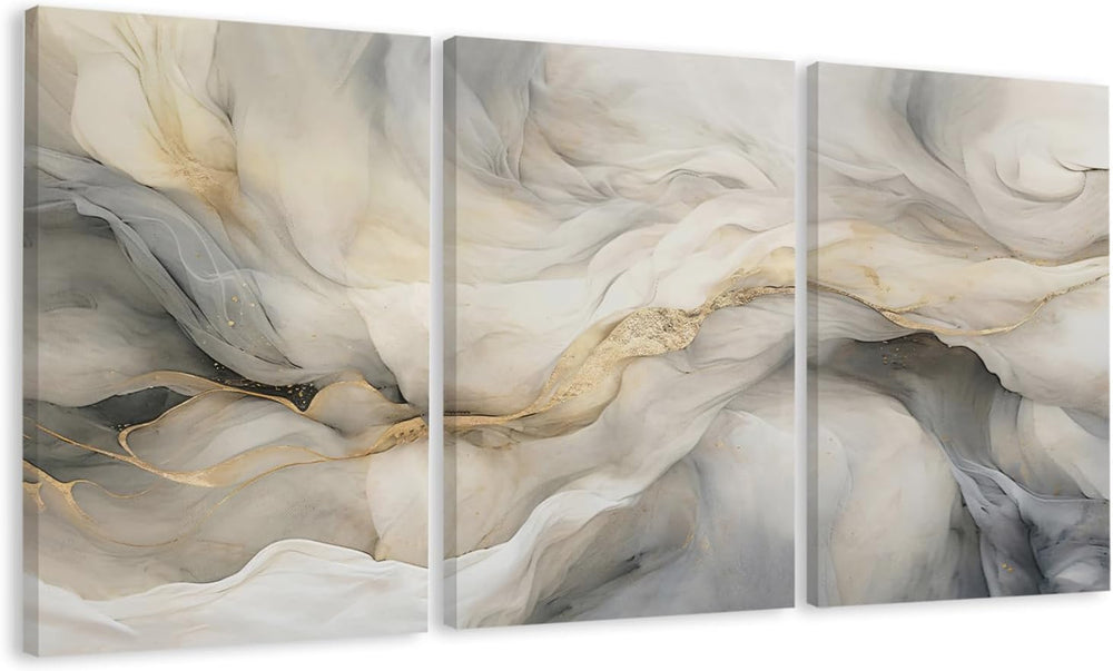 EJPFOGV Triptych Grey White Gold Wrapped Canvas Wall Art 16x24 inches x3
