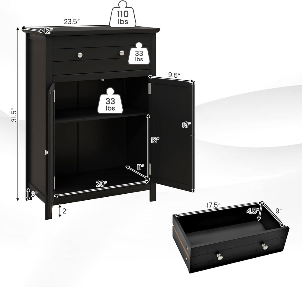 COSTWAY Bathroom Floor Cabinet, Wooden Side Storage Organizer (Black)