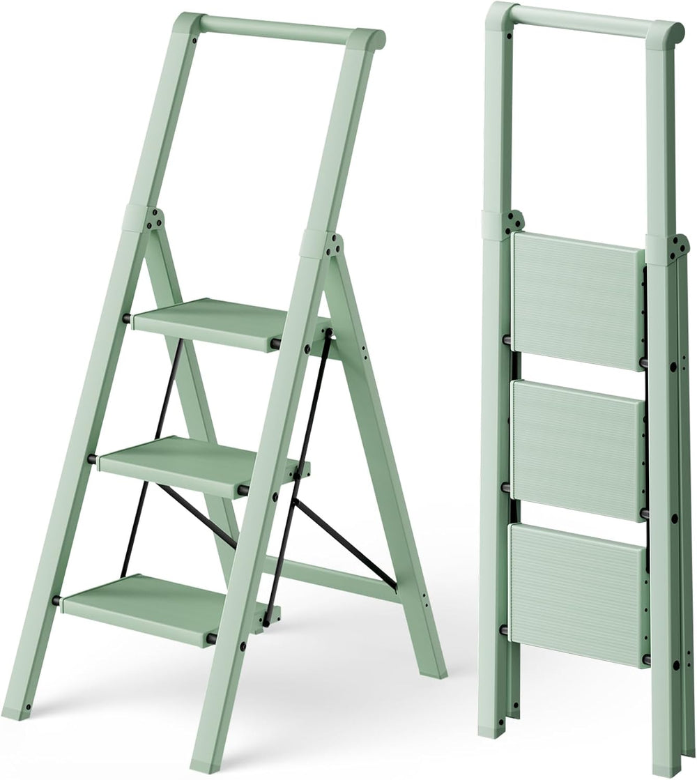 HillhutApex Aluminum 3 Step Ladder, Step Stool Foldable Ladder(Pale Green)