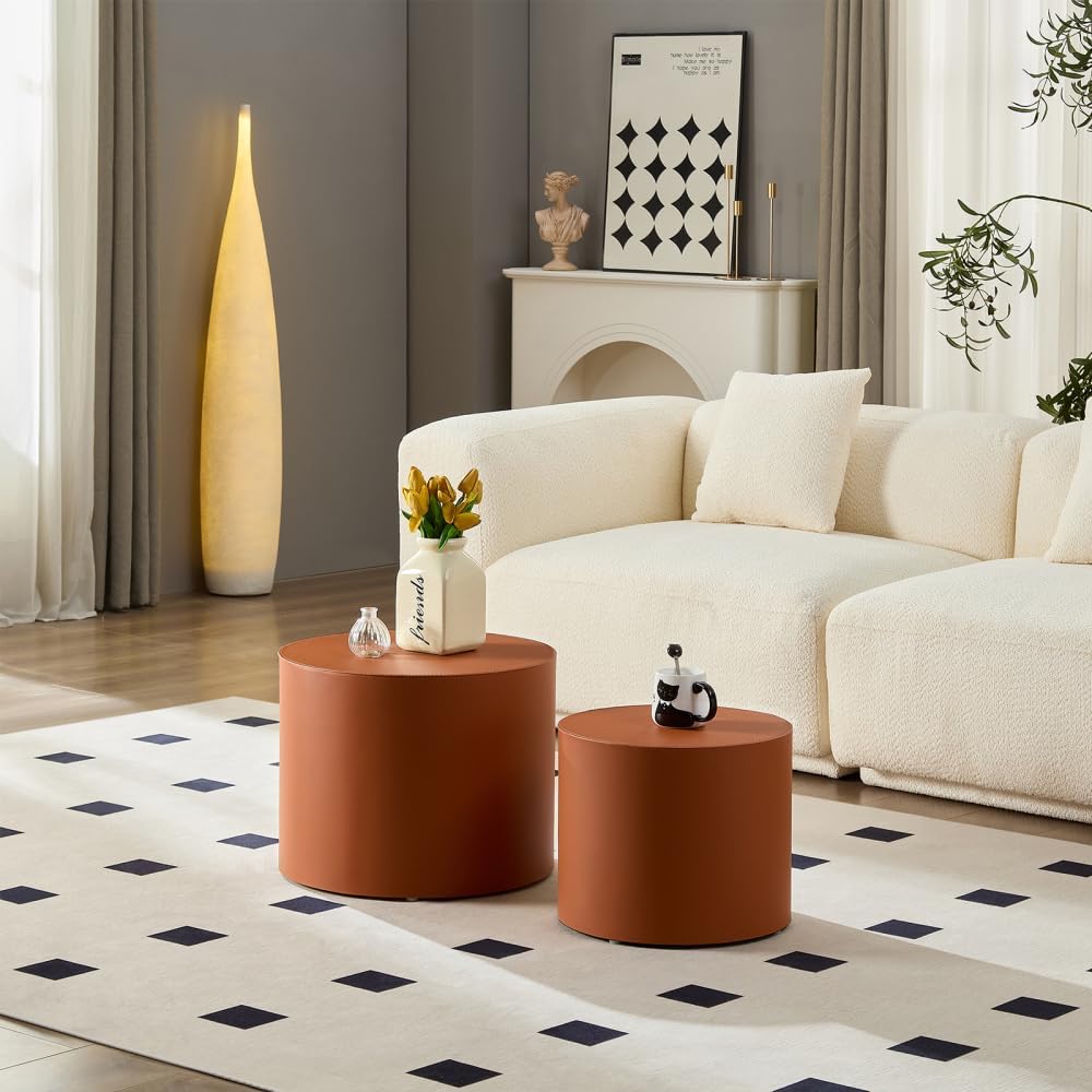 Nested Table Set 2 Pieces, MDF Coffee Table Set Living Room/Lounge Area (Orange + MDF + Round)