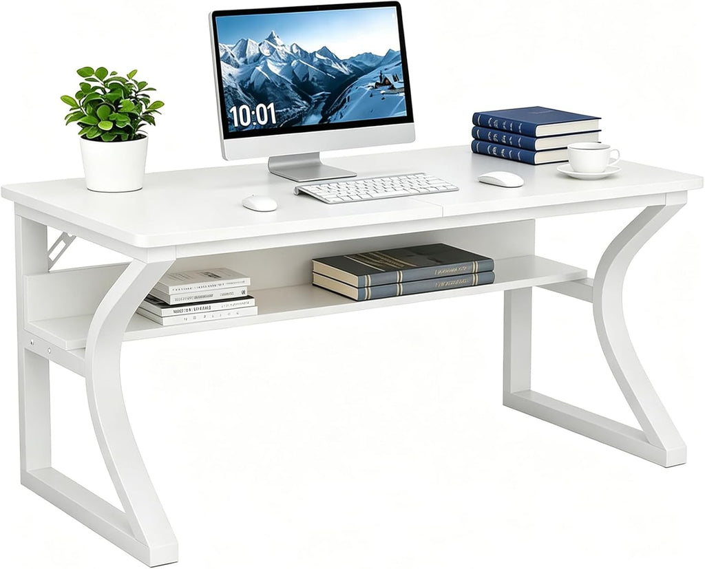 55 inch Computer Desk, Home Office Desk with Storage Shelf, Sturdy U-Shaped Metal Frame Study Table with Cable Management, Gaming Desk for Office & Bedroom (White, 55inch)