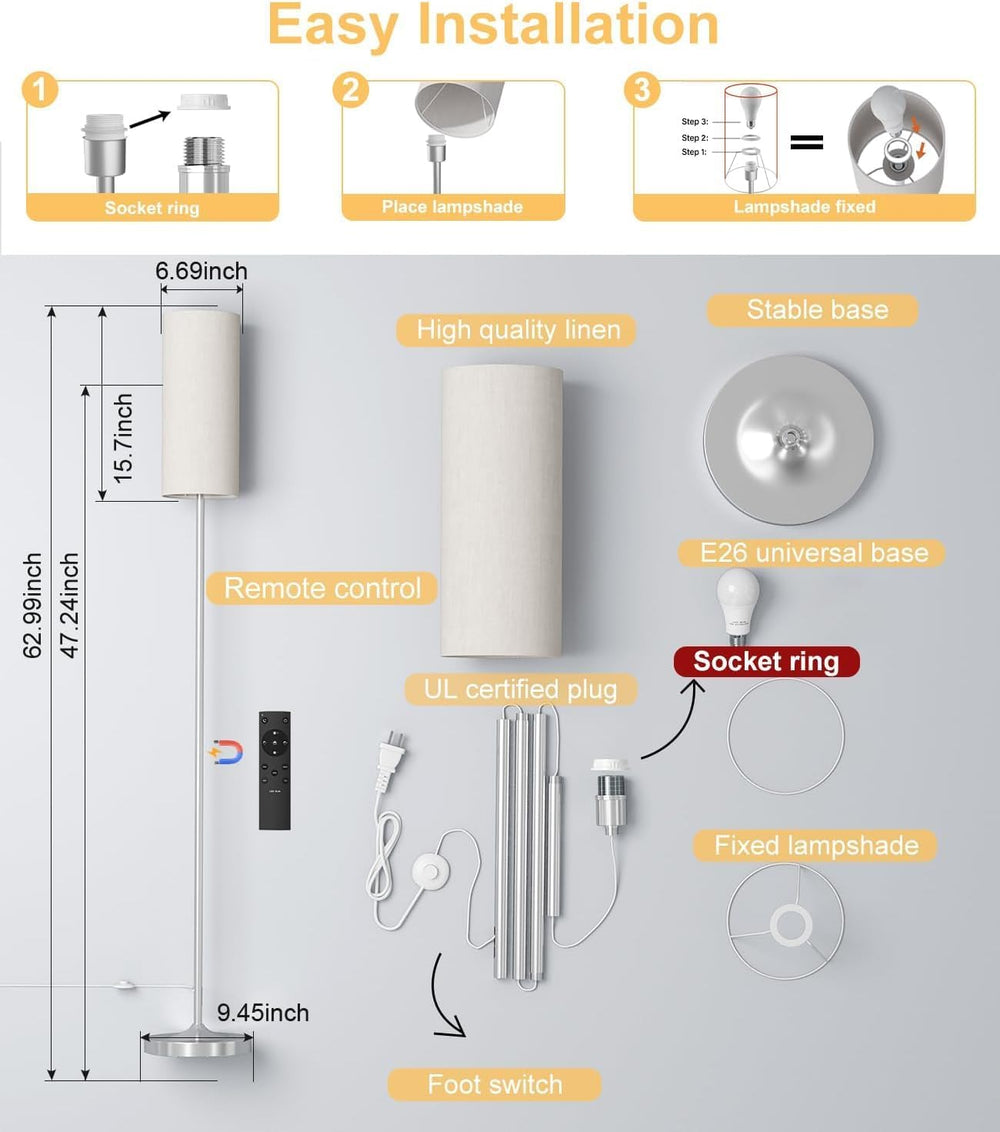 USTO Dimmable Floor Standing Lamp,12W Led Bulb with Remote,Silver
