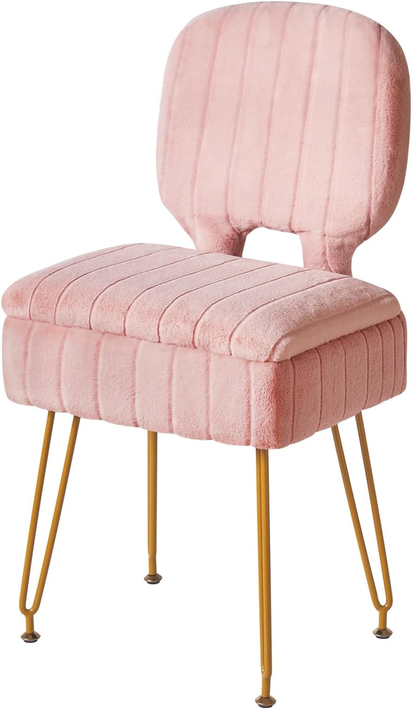 IBUYKE Vanity Stool with Storage, Folding Back Makeup Chair, Pink WBD030P
